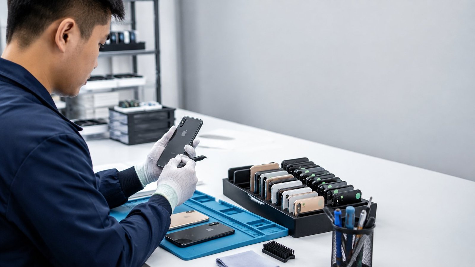 Technician inspecting used iPhone stock before wholesale supply