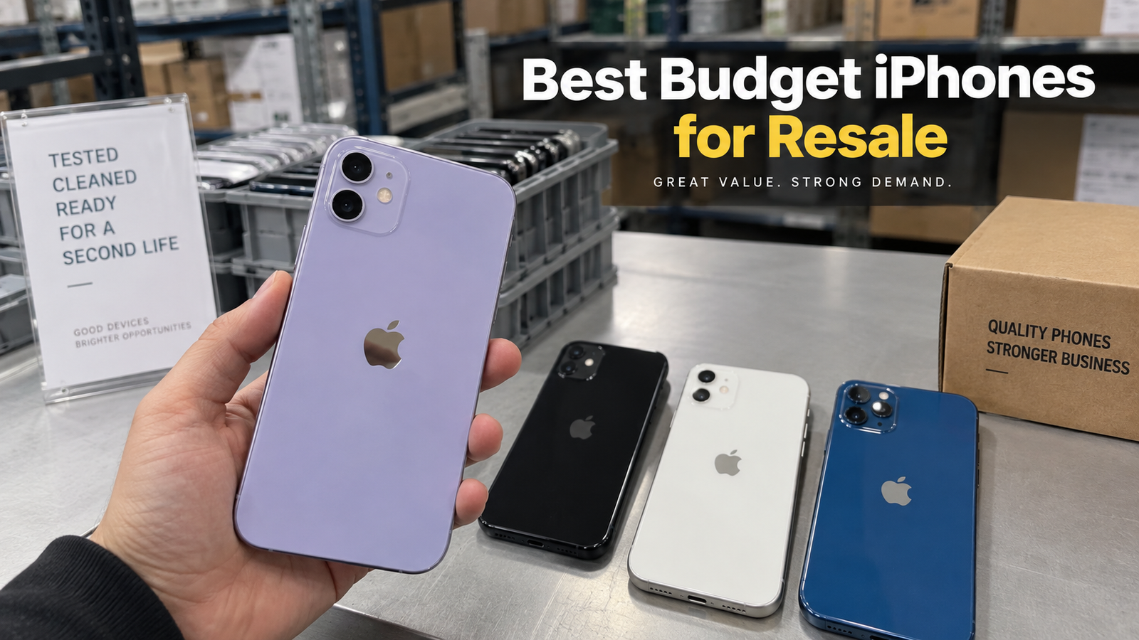 Budget iPhones for resale inspected in an HQB warehouse