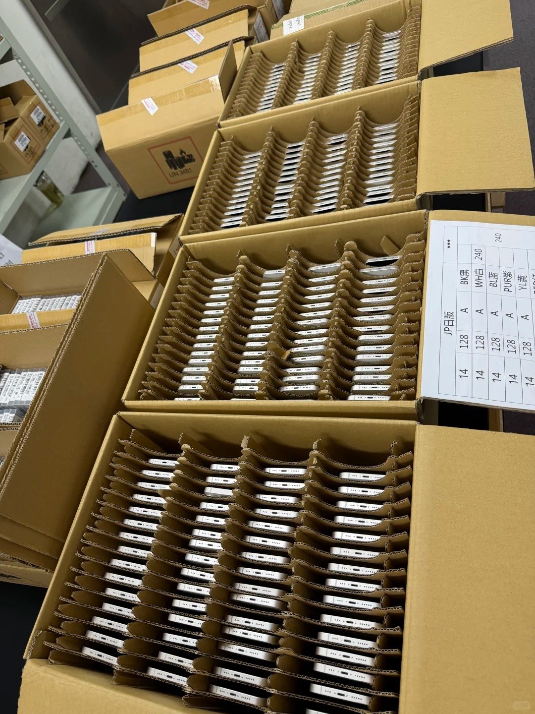 Single warehouse workbench with used iPhones prepared and labelled for a B2B ownership-verification and sourcing inquiry.