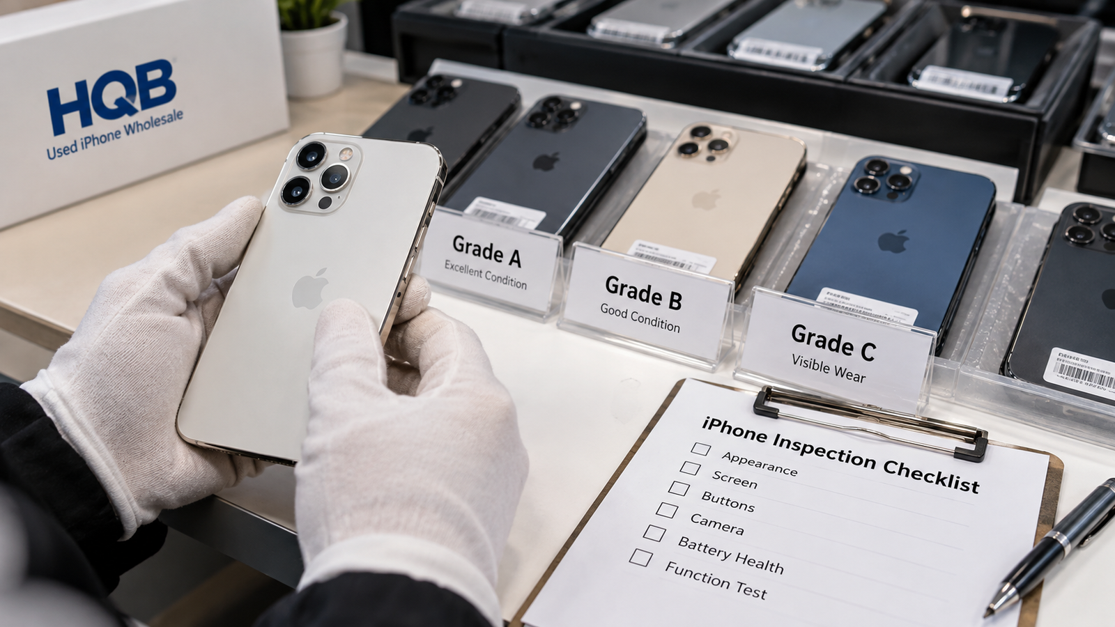 Grade A and Grade B iPhones compared by cosmetic condition during inspection