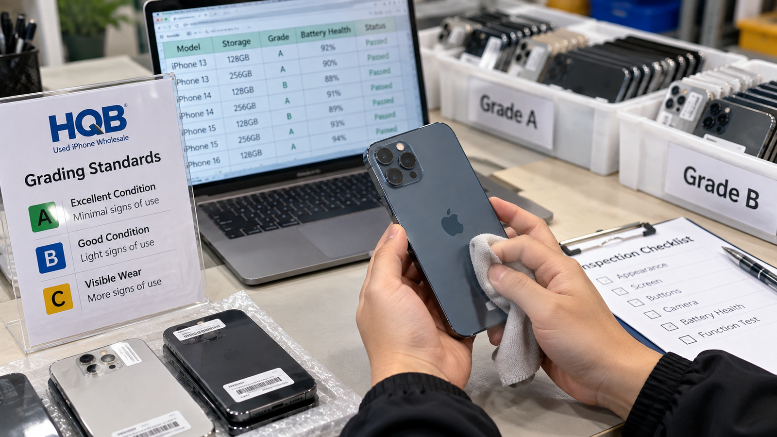 Used iPhone grading standards comparing Grade A Grade B and visible wear