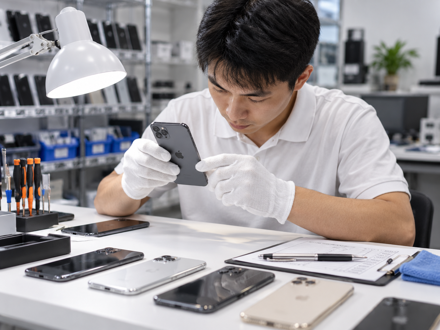 Technician checking the physical condition of a used iPhone at a test workstation
