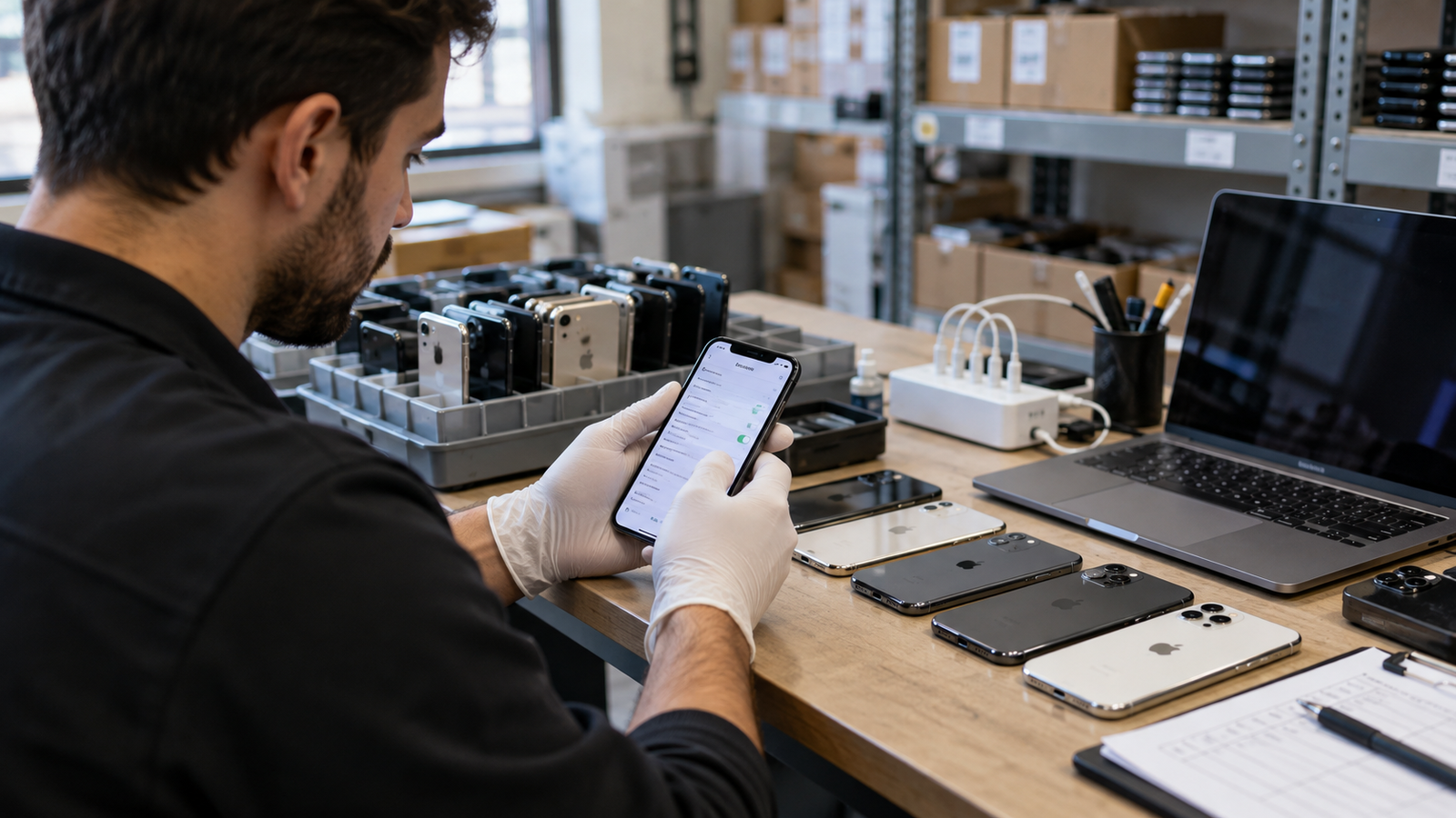 Technician checking iPhone battery health for a bulk purchase
