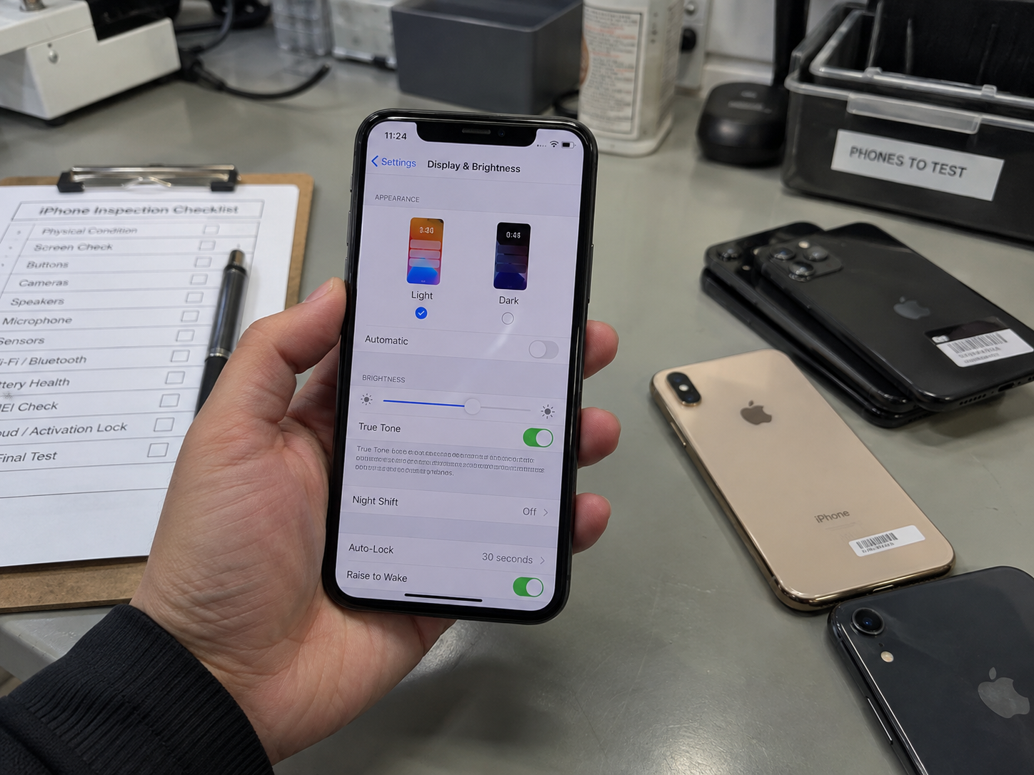 iPhone Display and Brightness settings showing True Tone during used-device inspection