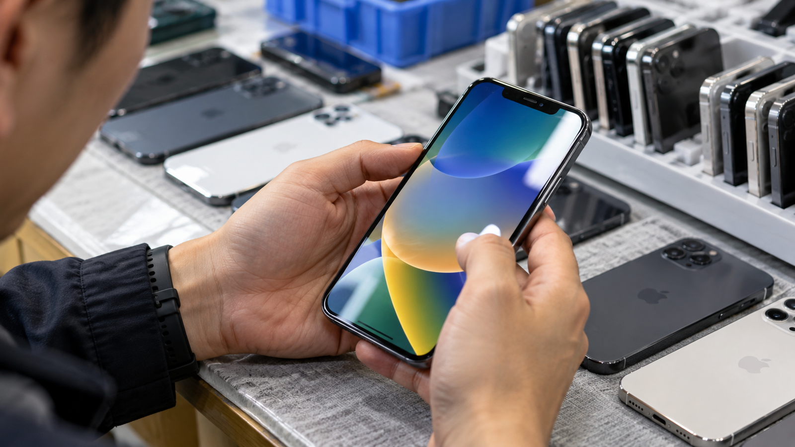 Used iPhone screen inspected before wholesale resale