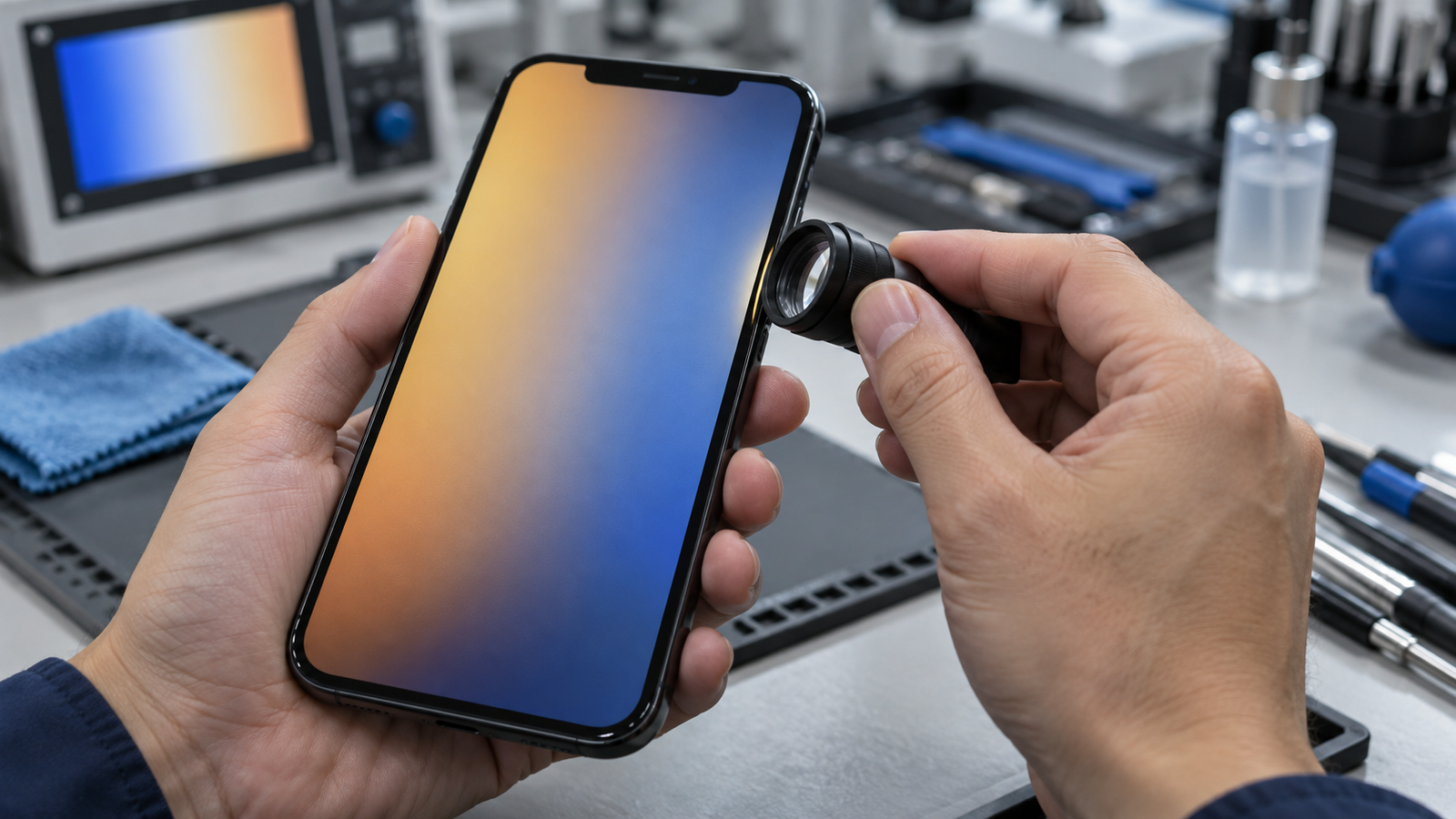 Technician reviewing a used iPhone display, screen alignment, and available service information