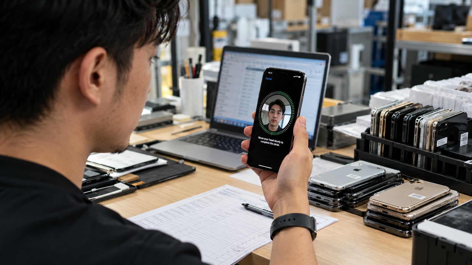 Authorized Face ID test on a used iPhone during wholesale quality control