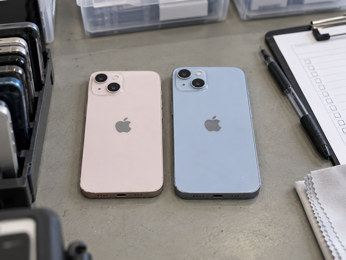 iPhone 13 and iPhone 14 compared on a used phone inspection desk