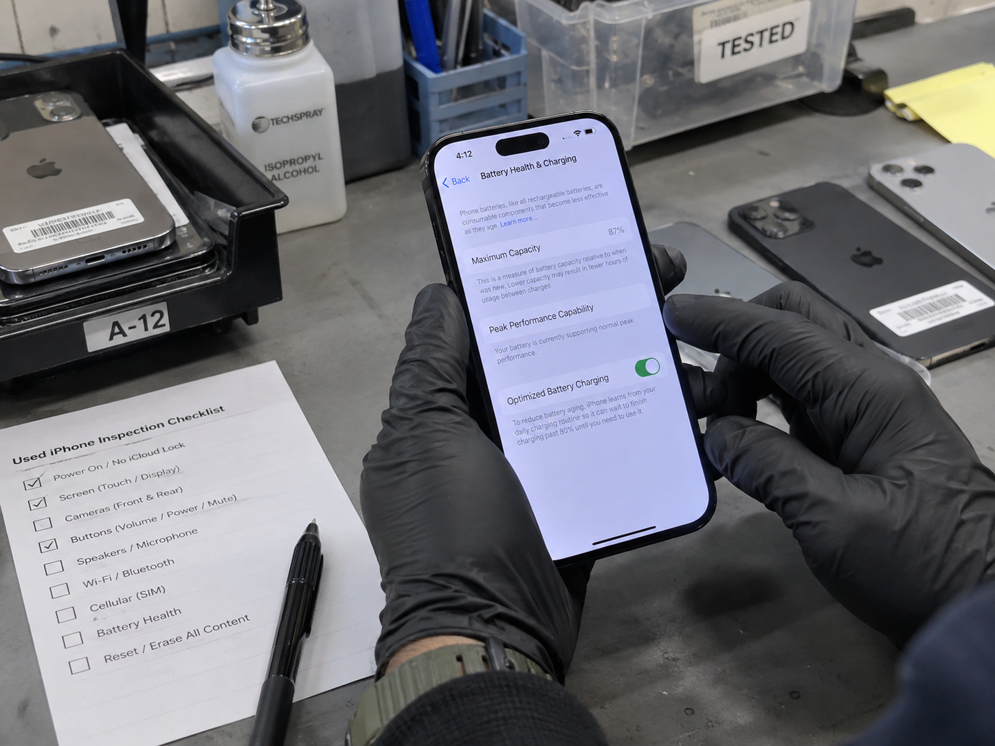 Used iPhone Battery Health screen showing Maximum Capacity during inspection