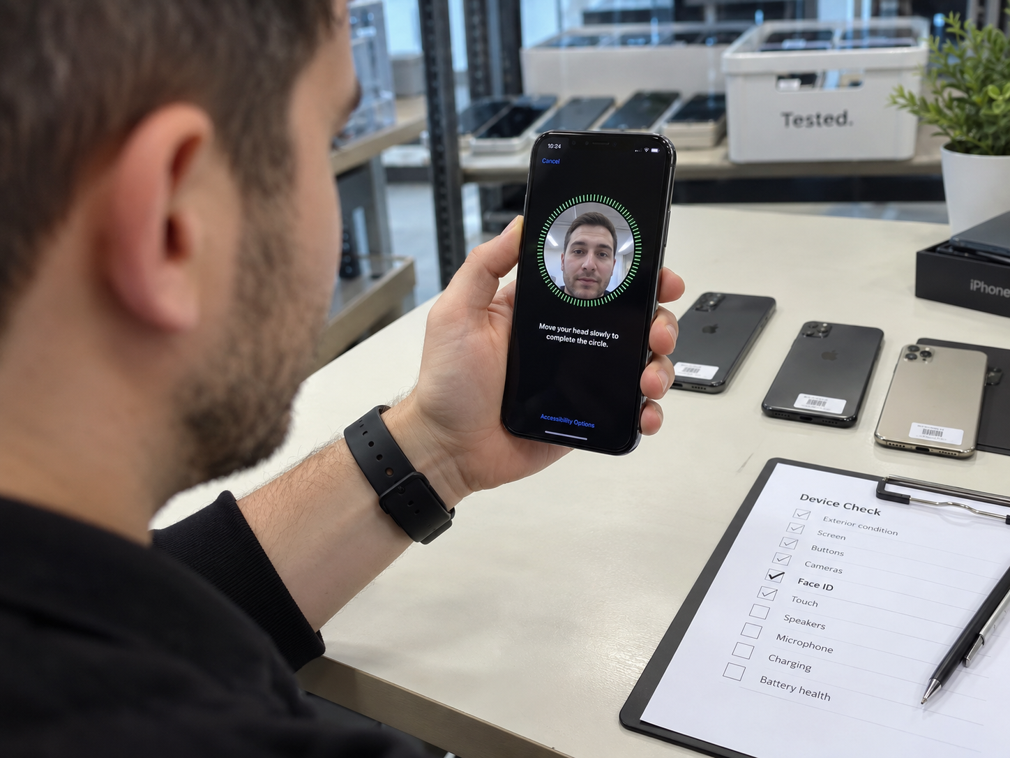 Face ID enrollment test on a used iPhone before purchase