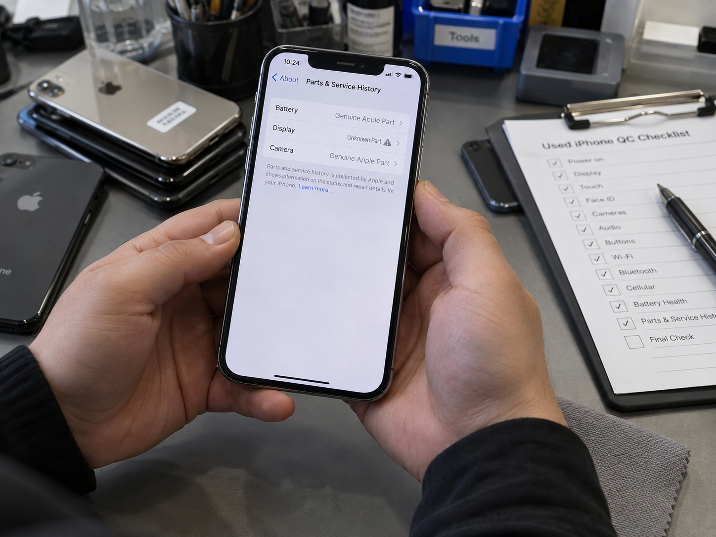 iPhone Parts and Service History screen showing battery display and camera status