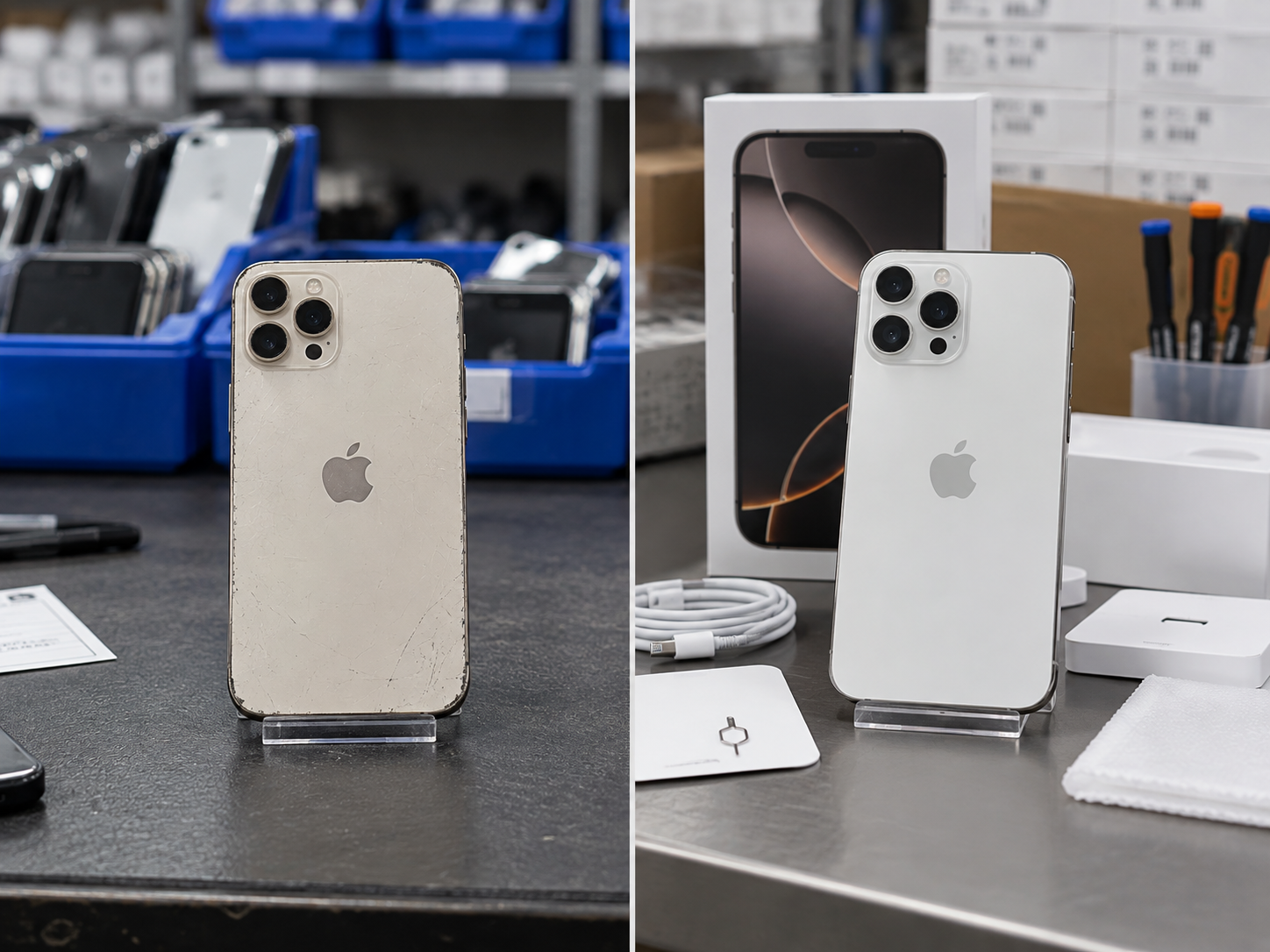 Pre-owned and refurbished iPhones compared side by side on an inspection table