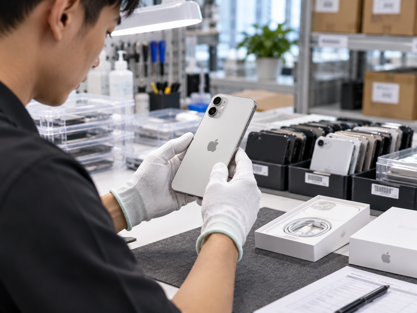 Refurbished iPhone 13 models being inspected and organized for resale