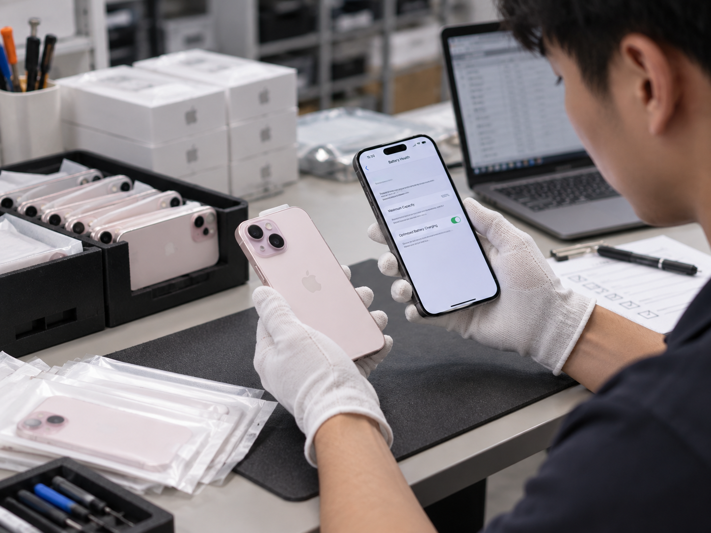 Refurbished iPhone 15 checked for battery and device condition before resale