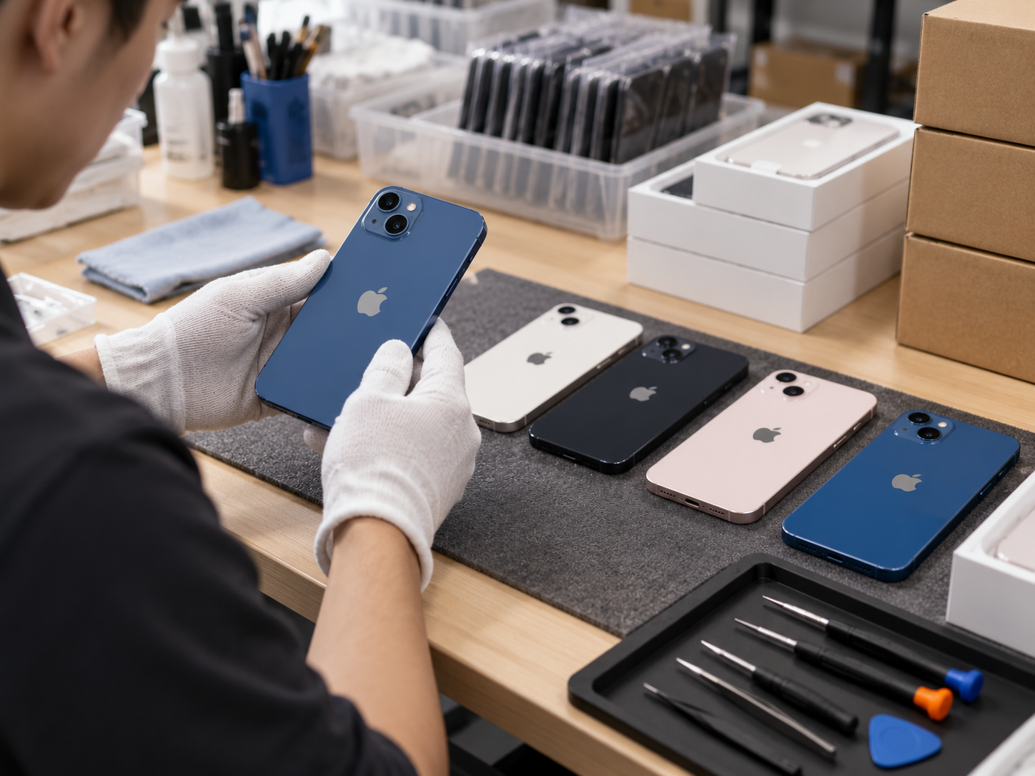 Refurbished iPhone 16 inspected on a professional quality control desk