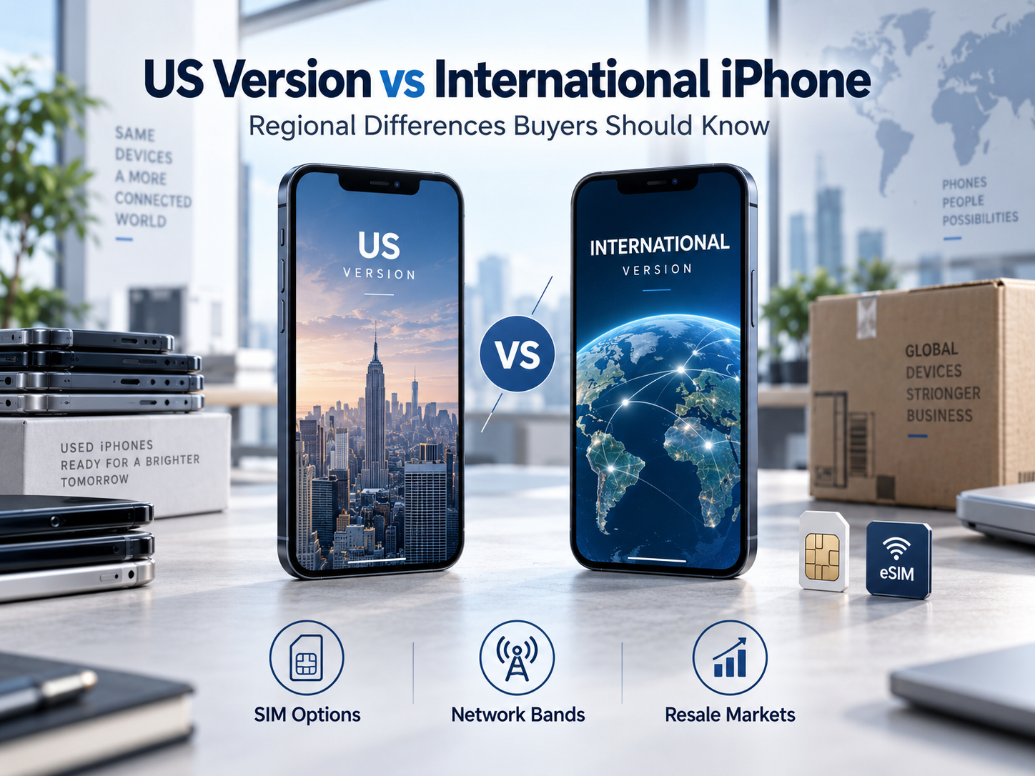 Buyer comparing physical SIM tray and iPhone settings before purchase