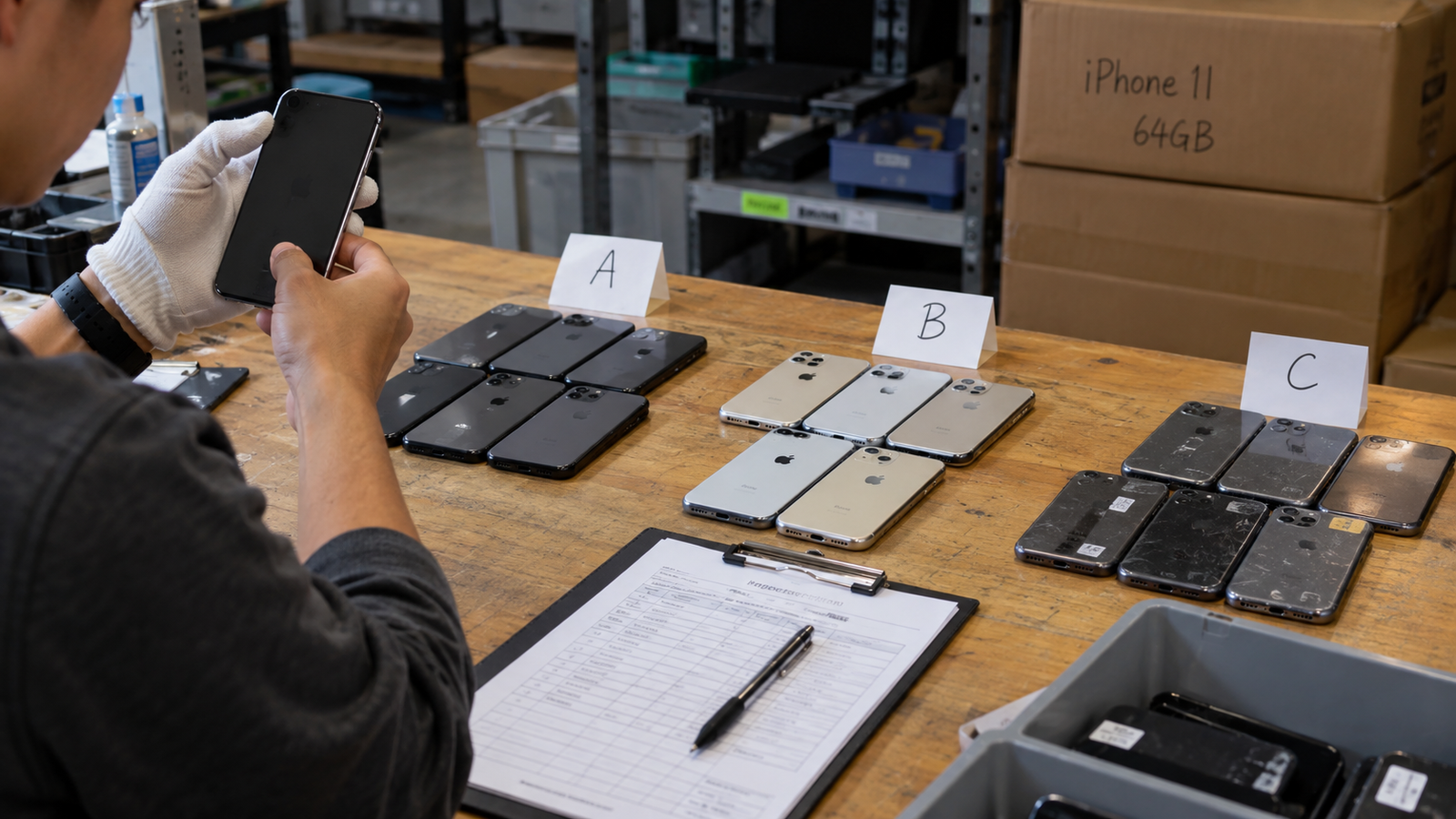 Used iPhones sorted into different cosmetic condition grades during inspection