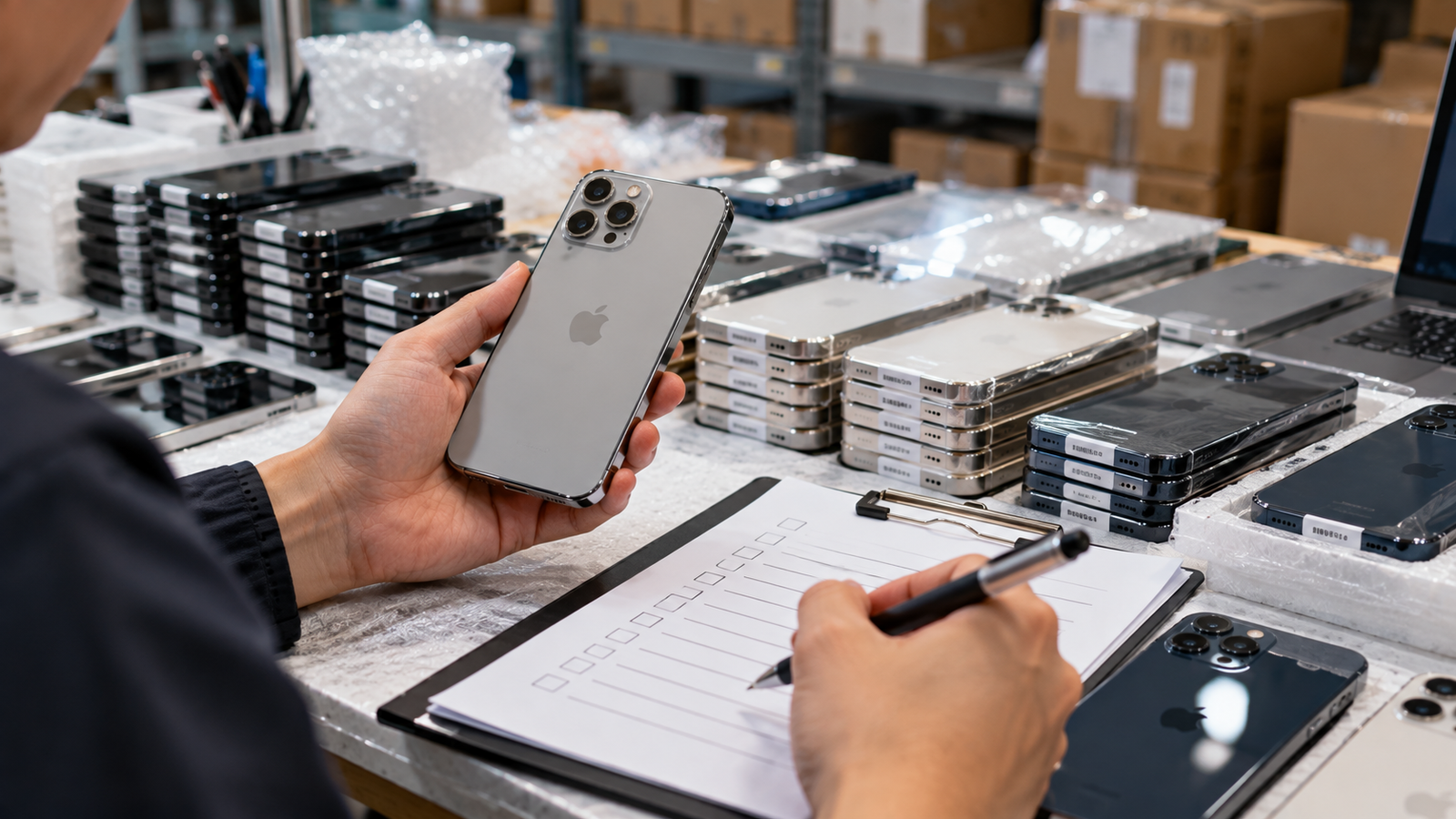 Used iPhone wholesale buyer reviewing an order checklist and inspected inventory