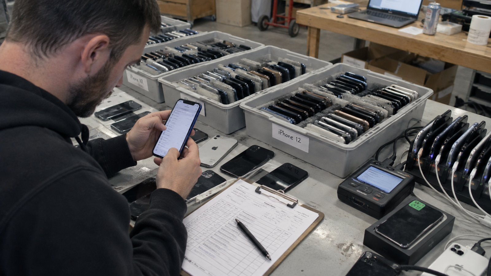 Bulk used iPhones being inspected for condition functionality and device status