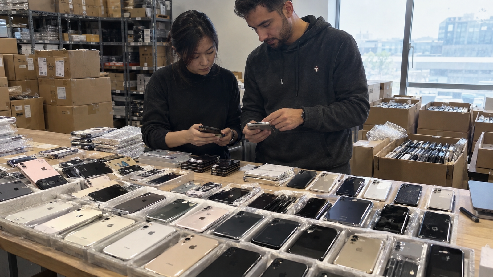 Wholesale used iPhone inventory being reviewed in a real warehouse sourcing environment