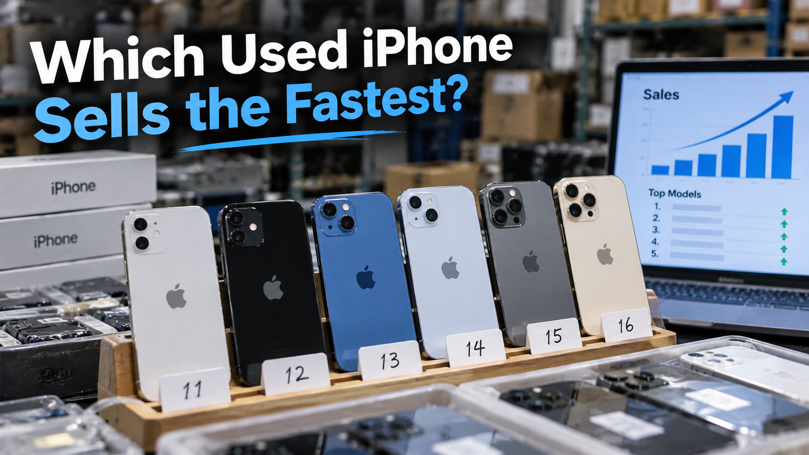 Used iPhone models 11 through 16 arranged for B2B resale planning