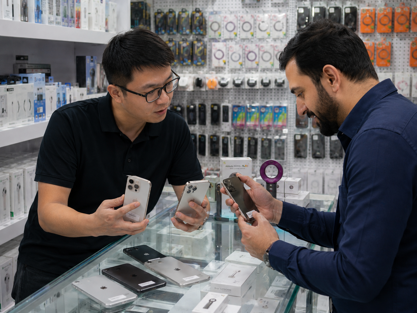 Buyer verifying used iPhone supplier records and inventory