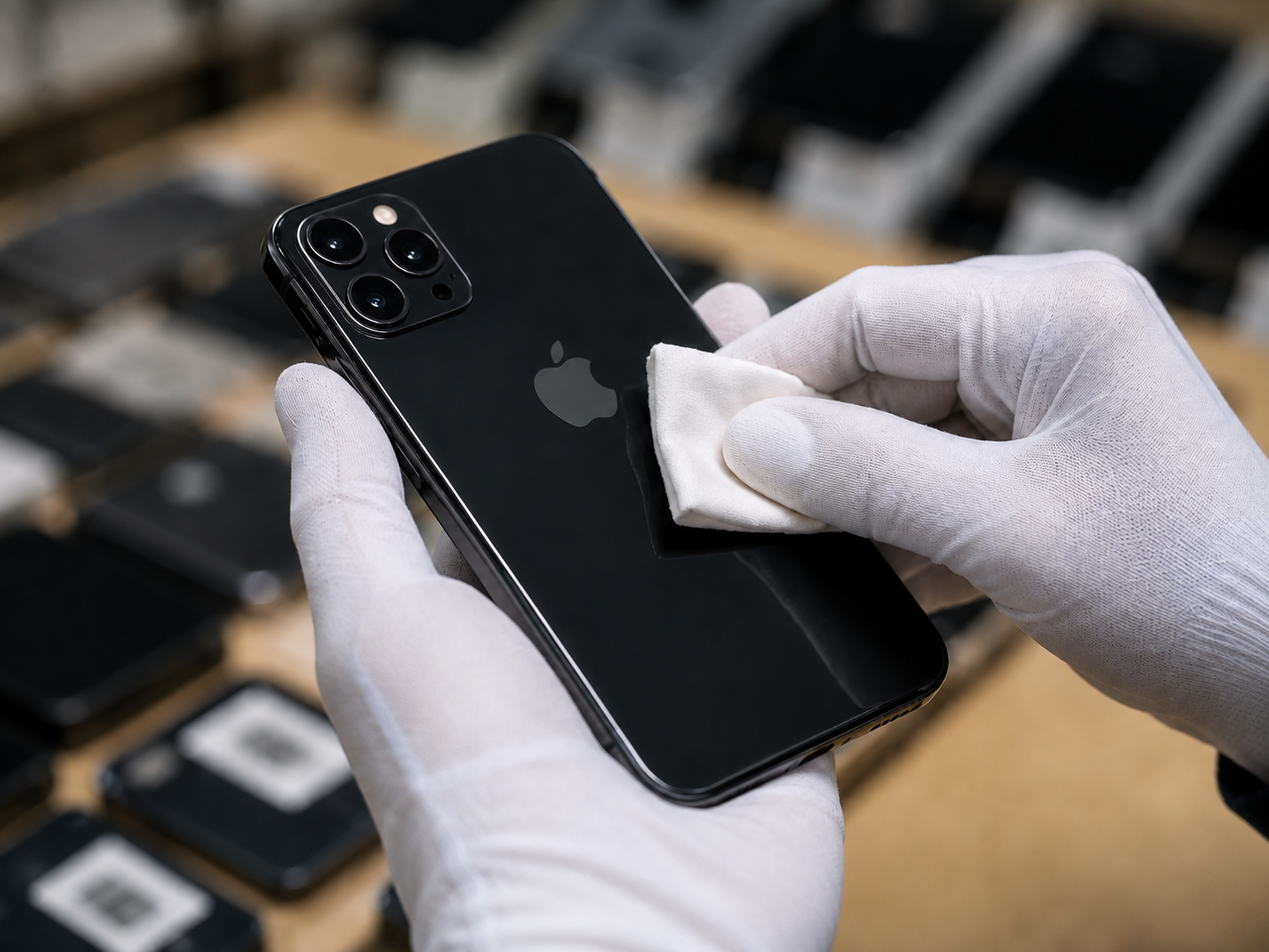 Technician testing used iPhone functions and batch records before wholesale acceptance
