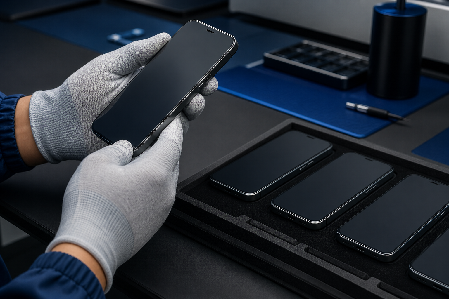 Technician testing used iPhones before wholesale shipment