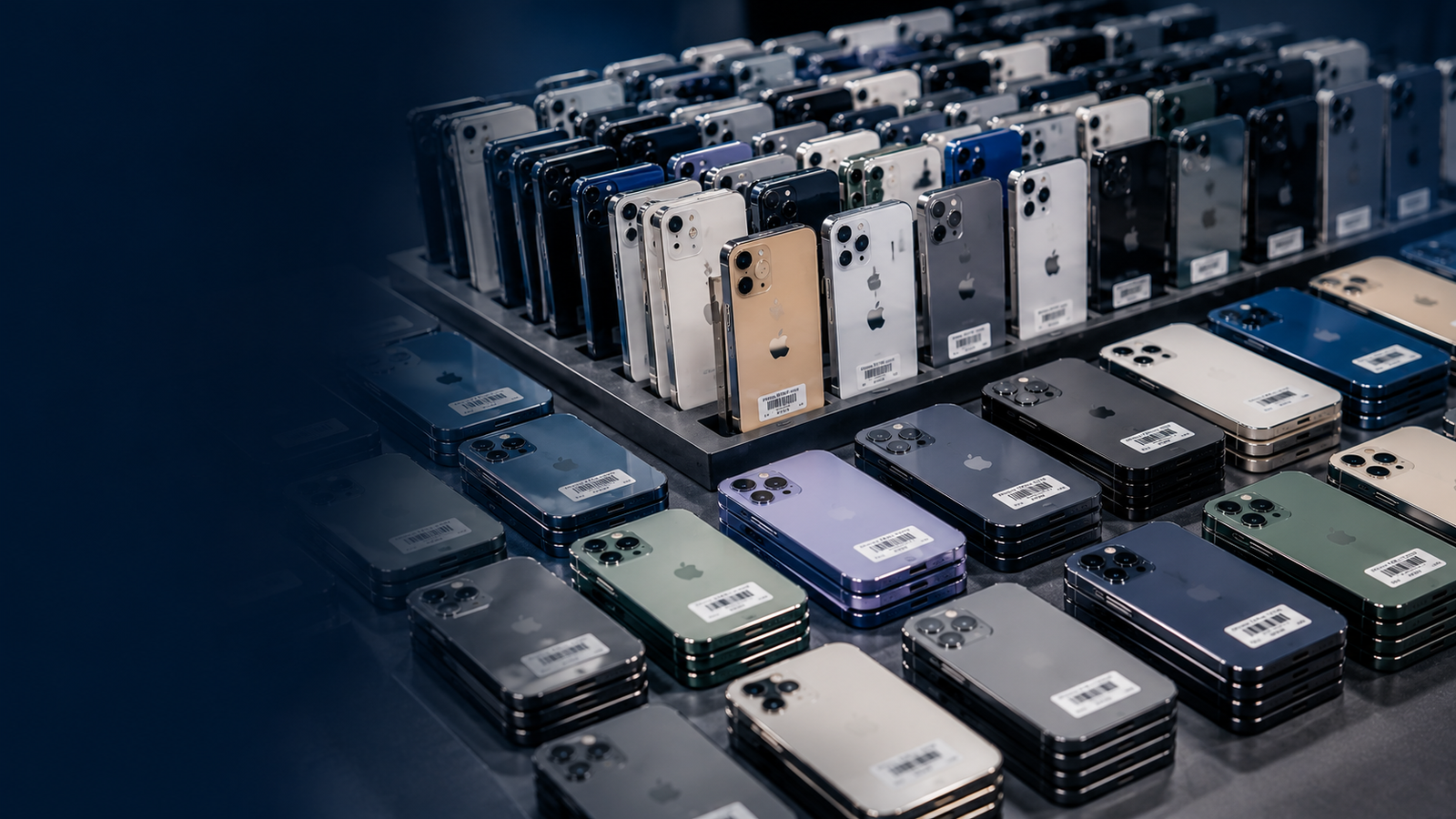 Technician comparing a Grade A iPhone 13 with a Grade B iPhone 15 during wholesale inspection