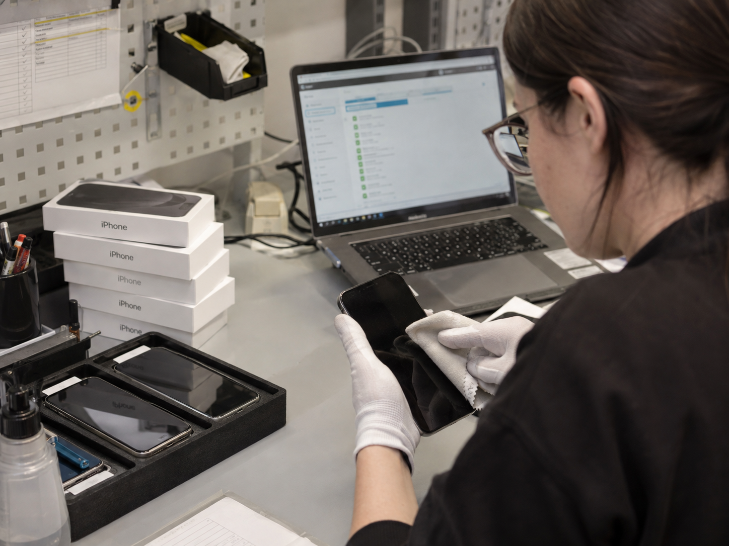 Refurbished iPhone being inspected tested and prepared for resale