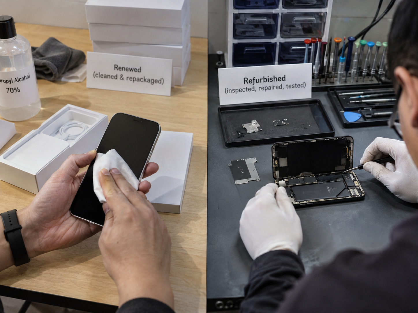 Renewed and refurbished iPhones compared during inspection and repair