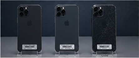 Technician confirming a used iPhone’s 128GB or 256GB capacity against an HQB inventory manifest