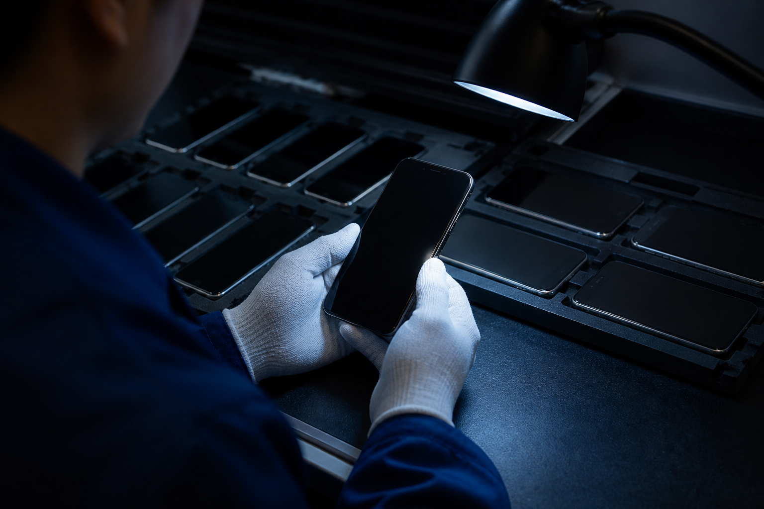 Technician checking iPhone serial data and packaging condition for B2B quality control