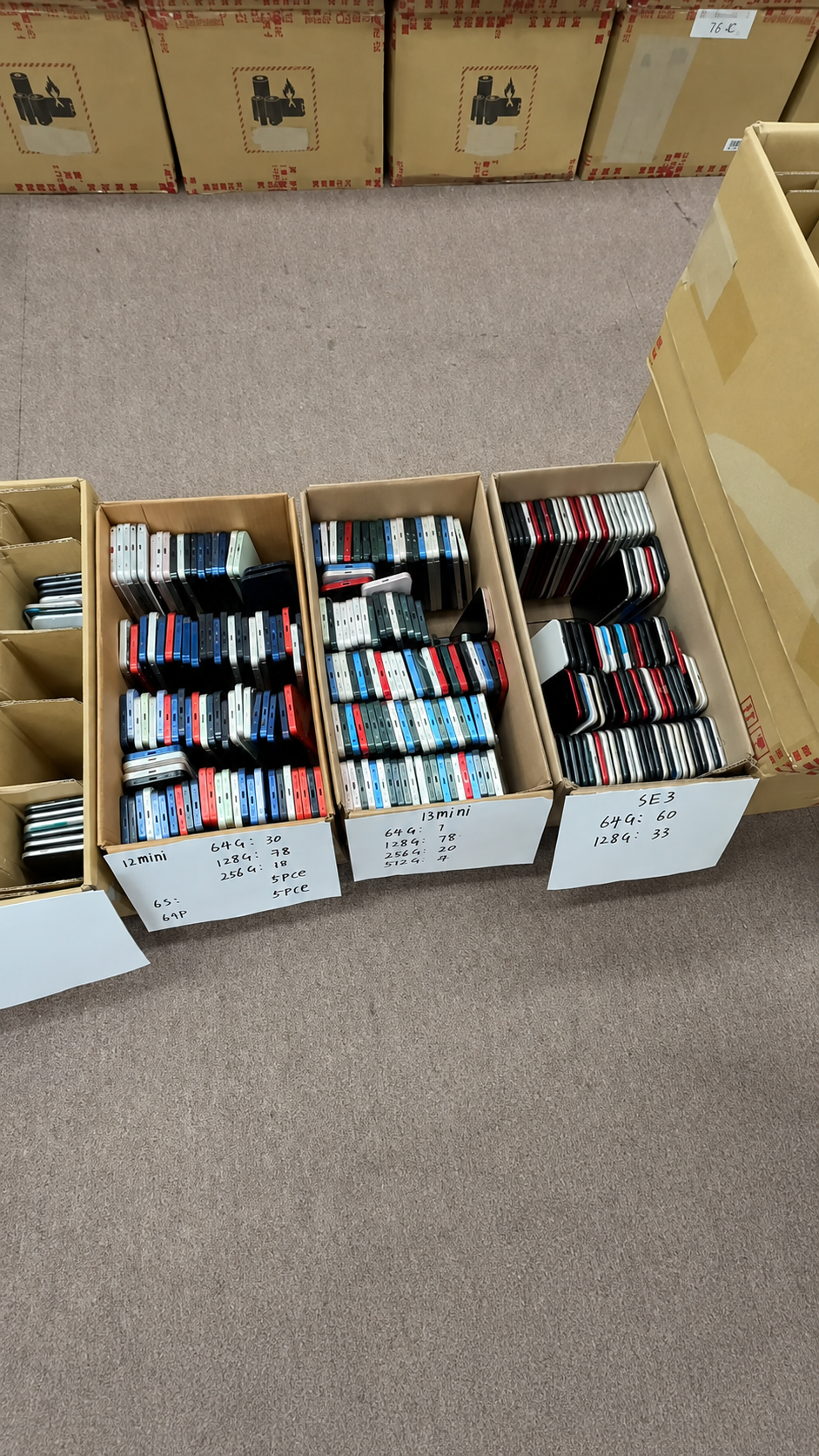 Boxed used iPhone inventory organized by model for HQB wholesale selection